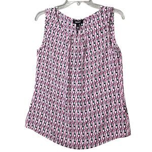 DKNY Tank Top Womens Small Pink Black White Sleeveless Blouse Geometric Print